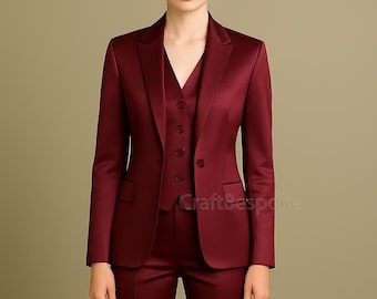Burgundy Satin Women's Suit, Office 3-Piece Pantsuit, Custom Fit