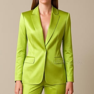 Women Lime Green Satin Suit, Women’s Office Suit, 2 Piece Pantsuit, High Waist Straight Pants, Formal Satin Suit, Wedding Suit, Custom Suit.