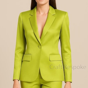 Women Mustard Green Satin Suit, Women’s Office Suit, Two Piece Pantsuit, Elegant Formal Suit, Stylish Wedding Bridesmaids, Prom Night Suit.