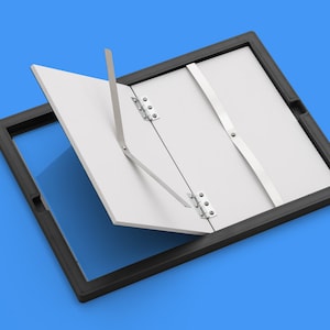 May include: A black access panel with a white door that is hinged and partially open. The door has a metal support brace.