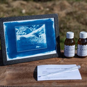May include: A cyanotype print of a mountain landscape in a black frame, two brown glass bottles labelled "Developer Solution", and a white sheet of paper with a dropper.
