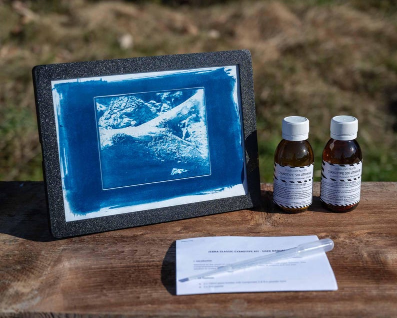 May include: A cyanotype print of a mountain landscape in a black frame, two brown glass bottles labelled "Developer Solution", and a white sheet of paper with a dropper.