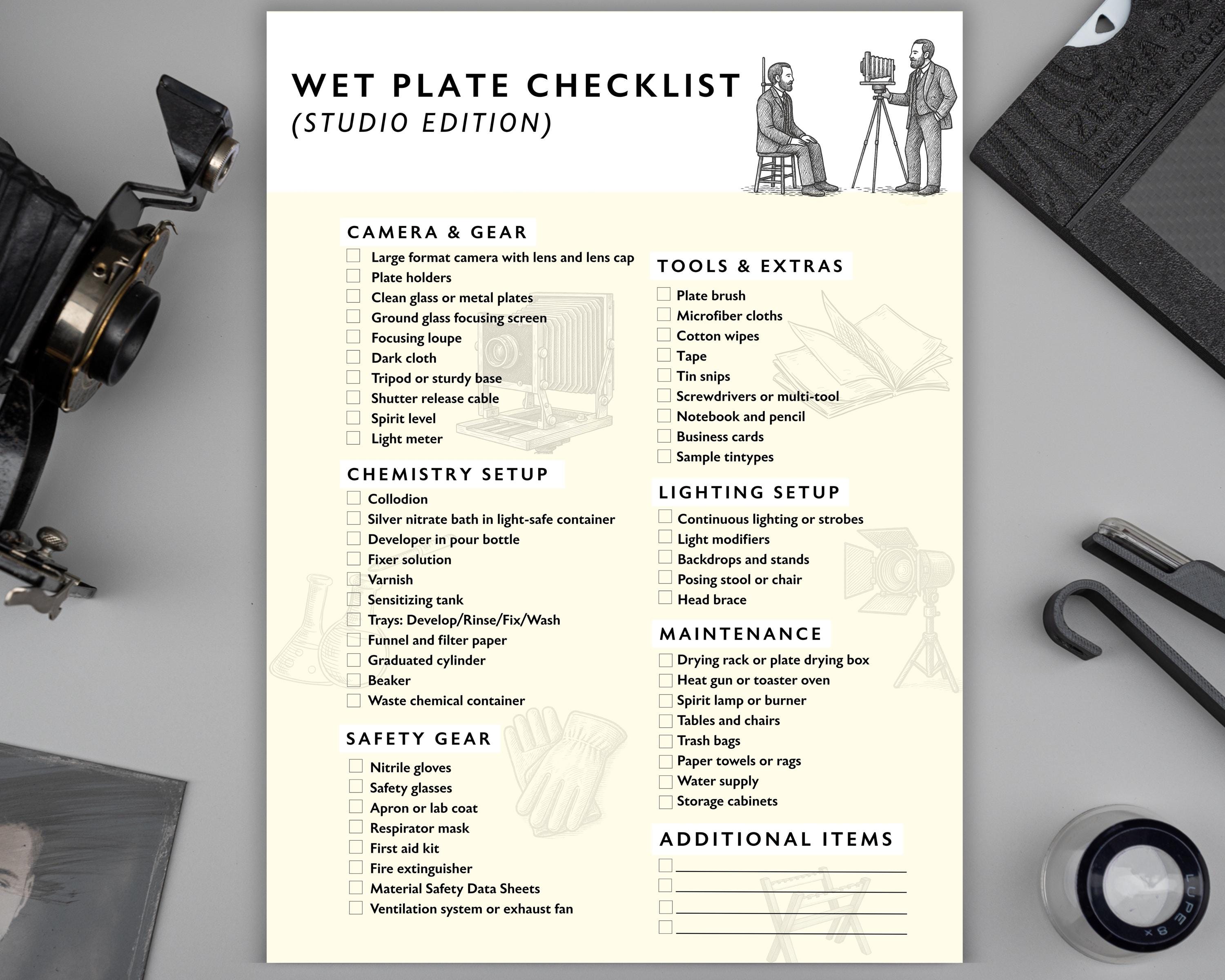 Wet Inflatable Checklist Wet Plate Photography Checklist – Studio Edition | Editable, Collodion ...