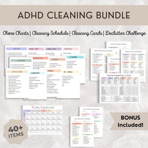 Könnte beinhalten: Ein ADHD-Reinigungs-Bundle mit Aufgabenlisten, Reinigungsplänen und Entrümpelungs-Challenges. Enthält Checklisten für Küche, Bad, Schlafzimmer und mehr. Enthält einen Jahres- und Wochenreinigungsplan sowie einen Wartungsplan für zu Hause. Bonusartikel enthalten.
