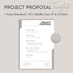 May include: A black and white project proposal template with the title "Project Proposal" and the text "Canva" in a circle. The template includes sections for project name, project scope, work includes, final files delivered, investment, and company name.