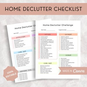 Op de afbeelding: Een afdrukbare checklist om je huis op te ruimen. De checklist is verdeeld in secties voor verschillende kamers, waaronder het kantoor, de woonkamer, de keuken, de badkamer en de slaapkamer. Elke sectie somt specifieke items op om op te ruimen, zoals ongebruikte keukengerei, oude theedoeken en kledingladen. De checklist is 100% bewerkbaar en kan worden gebruikt om elk huis op te ruimen.