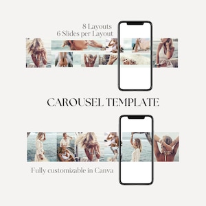 May include: A digital template for creating a social media carousel with 8 different layouts, each with 6 slides. The template is fully customizable in Canva. The image shows two examples of the carousel layouts, featuring photos of people in a beach setting.