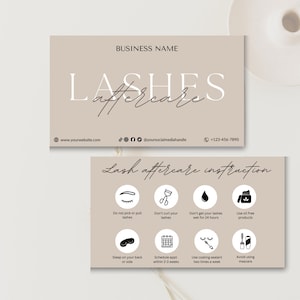 Modèle de carte de suivi des cils |  Carte de visite cils | Carte de soins d’extension de cils modifiable | Carte d’instructions pour les cils | Modèle Canva