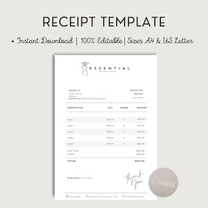 Minimal Receipt Template Canva | Printable Receipt for Small Business| Simple Company Receipt | Receipt Template |