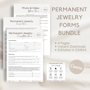 Op de afbeelding: Een set van vier printbare formulieren voor permanente sieradenbedrijven. De formulieren omvatten een foto- en videovrijgaveformulier, een toestemmingsformulier, een consultatieformulier en een zorg- en garantieformulier. De formulieren zijn bewerkbaar in Canva en zijn beschikbaar voor directe download. De formulieren zijn ontworpen met een moderne esthetiek en hebben een minimalistisch ontwerp.
