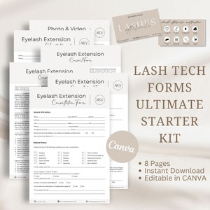 Op de afbeelding: Een set van acht printbare formulieren voor wimpertechnici. De formulieren zijn ontworpen voor gebruik in de schoonheidsindustrie en omvatten een consultformulier, nazorg instructies en een toestemmingsformulier. De formulieren zijn bewerkbaar in Canva en zijn beschikbaar voor directe download. De formulieren zijn ontworpen in een minimalistische stijl met een neutrale kleurenpalet.