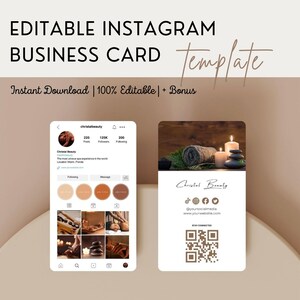 Op de afbeelding: Bewerkbare Instagram-visitekaartjesjabloon met een spa-thema. De kaart bevat een foto van een spa-behandeling, een logo, social media-pictogrammen, een website-adres en een QR-code. De tekst op de kaart luidt "Christal Beauty".