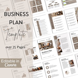Op de afbeelding: Een sjabloon voor een businessplan met een beige en bruine kleurstelling. Het sjabloon bevat secties voor bedrijfsstructuur, concurrentieanalyse, marktonderzoek en SWOT-analyse. De tekst "Businessplan sjabloon" wordt in een groot lettertype bovenaan de pagina weergegeven. De tekst "meer dan 25 pagina's" wordt onder de titel weergegeven. De tekst "Bewerkbaar in Canva" wordt in een groot lettertype onderaan de pagina weergegeven.
