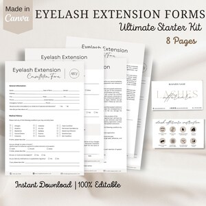 Op de afbeelding: Een verzameling afdrukbare wimperverlengingsformulieren, waaronder een consultatieformulier, nazorginstructies en visitekaartjes. De formulieren hebben een minimalistisch ontwerp met zwarte tekst op een crèmekleurige achtergrond. De kit bevat 8 pagina's.