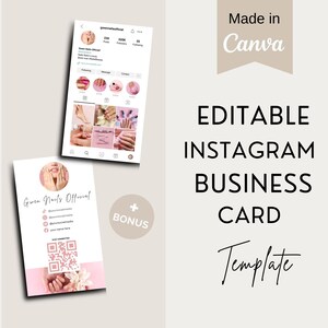 Op de afbeelding: Een digitale sjabloon voor een Instagram visitekaartje, met een roze en wit ontwerp met de tekst "Gwen Nails Official". De afbeelding bevat ook een mock-up van een Instagram-profiel en de woorden "Bewerkbare Instagram Business Card Template".