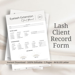 Könnte beinhalten: Ein schwarz-weißes, druckbares Formular für die Kundendokumentation von Wimpernverlängerungen mit Abschnitten für natürliche Wimpern, Extensionsdesign, Wimpernmapping und Kundeninformationen. Das Formular enthält Felder für Augenform, Wimpernkrümmung, Wimperndicke, Wimpernlänge, Service, Set, Wimperntyp, Stil, Extensions und Notizen.