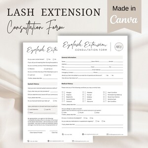 Op de afbeelding: Een consultformulier voor wimperextensions. Het formulier bevat secties voor algemene informatie, medische geschiedenis en wimpergeschiedenis. Het formulier is bedoeld om te worden gebruikt door een wimpertechnicus om informatie te verzamelen over de gezondheid en wimpergeschiedenis van een klant voordat wimperextensions worden aangebracht.