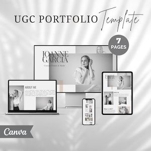 Op de afbeelding: Een zwart-witte mockup van een 7-pagina Canva-portfoliotemplate voor een content creator. De sjabloon heeft een eenvoudig, modern ontwerp met de focus op het presenteren van het werk van de creator. De tekst "JOANNE GARCIA Content Creator & Model" wordt weergegeven op de voorpagina. De sjabloon bevat pagina's voor "Over mij", "Wat is UGC?" en een portfolio met afbeeldingen.
