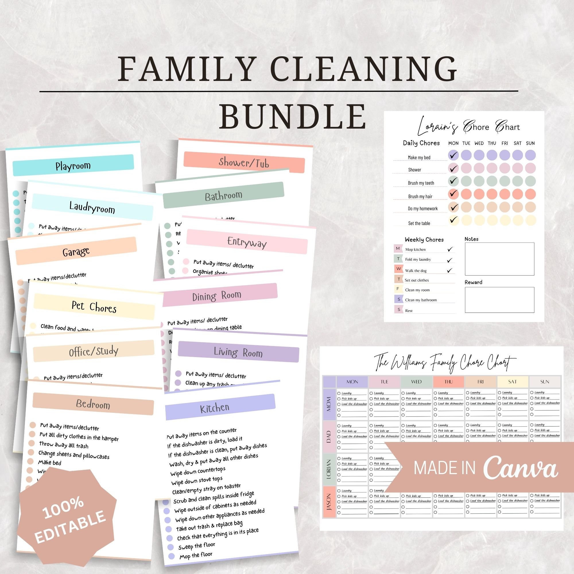 Family Chore Chart Bundle | Cleaning Checklist Bundle | Cleaning Cards for Children | ADHD Cleaning Template | Weekly Cleaning Schedule