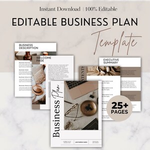 Op de afbeelding: Bewerkbare businessplan-sjabloon met meer dan 25 pagina's. De sjabloon heeft een neutrale kleurenpalet met bruin, beige en wit. De tekst "Business Plan" is geschreven in vetgedrukte, zwarte letters. De sjabloon bevat secties voor bedrijfsbeschrijving, welkomstpagina, samenvatting en inhoud.