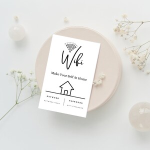 Op de afbeelding: Een witte kaart met zwarte tekst en een wifi-symbool. De tekst luidt "Welkom! Wifi Maak je thuis" en heeft secties voor "Netwerk" en "Wachtwoord".