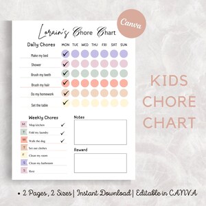 Op de afbeelding: Een printbare takenlijst voor kinderen met een kleurrijk ontwerp. De lijst bevat dagelijkse taken zoals bed opmaken, douchen, tanden poetsen, haar kammen, huiswerk maken en de tafel dekken. Het bevat ook wekelijkse taken zoals de keuken dweilen, was opvouwen, de hond uitlaten, kleding opruimen, de kamer schoonmaken, de badkamer schoonmaken en rusten. De lijst heeft secties voor notities en beloningen.