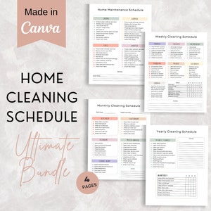Op de afbeelding: Een printbare bundel met vier pagina's voor een huishoudelijk schoonmaakschema. De pagina's zijn kleurgecodeerd en bevatten een wekelijks, maandelijks en jaarlijks schoonmaakschema. De bundel bevat ook een huishoudelijk onderhoudsschema met secties voor lente, zomer, herfst en winter.