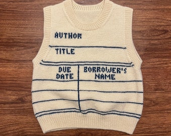 Sweter-kamizelka z karty bibliotecznej | Wzór na robótkę na drutach – rozmiary XS-5XL