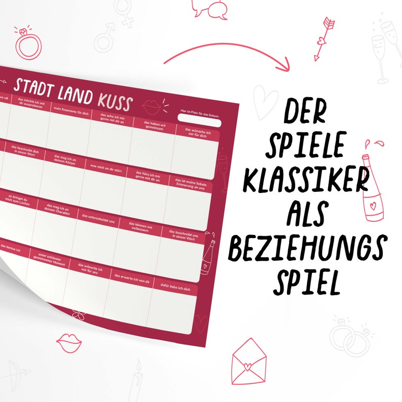 Spieleblock - STADT LAND KUSS - Spiel für Paare - Geschenk