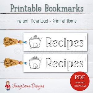 Pode incluir: Marcadores imprimíveis brancos com a palavra "Receitas" e um desenho de linha de uma panela. Cada marcador tem uma borla bege com contas azuis e rosas. O texto "Printable Bookmarks" e "Instant Download - Print at Home" está no topo.