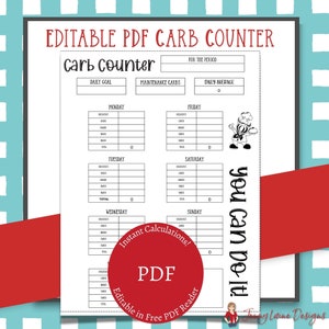 Editable Carb Counter Printable | Instant Calculations Carb Counter in Adobe PDF |  Instant Download | Meal Plan | Low Carb Food List Incl