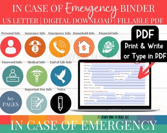 In Case of Emergency PDF, Emergency Plan, Death Planner, Emergency Binder, Type in PDF Planner, What if Planner, If I Go Missing Planner PDF