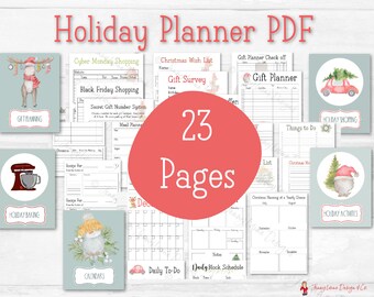 May include: A digital Holiday Planner PDF with 23 pages. Includes sections for gift planning, shopping, baking, calendars, and activities. Features watercolor illustrations of a reindeer, car with a tree, gnome, and mixer.