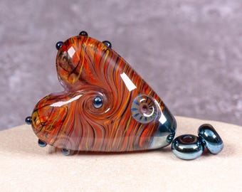 LARGE handmade Lampwork Glass Heart Bead – blue Silver accents with Spacer Beads