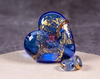 Handmade lampwork glass heart bead with fine gold leaf and goldstone