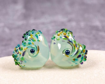 Handmade small heart frit bead pair - forest greens