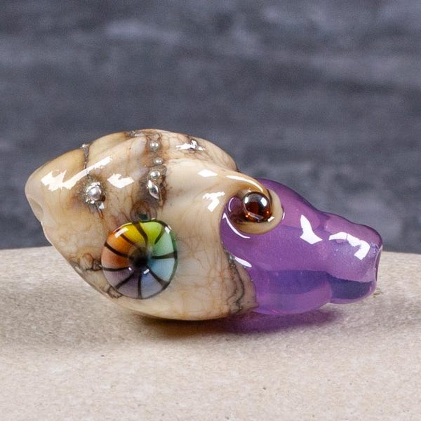 Handmade shell lampwork glass bead lavender and ivory