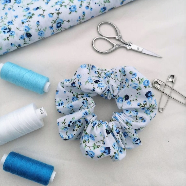 Flower Scrunchies, Floral Scrunchie, Blue Flowers, Hair Tie, Scrunchy