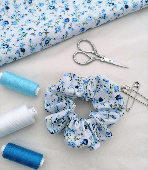 Blue Floral Hair Scrunchie Hair Scrunchie in Blue and White | Flower Paisley Scrunchie  main image 2