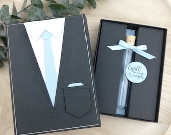 Regalo de dinero en un tubo de ensayo para un cumpleaños número 18, confirmación, comunión, dedicación juvenil, hombres, traje