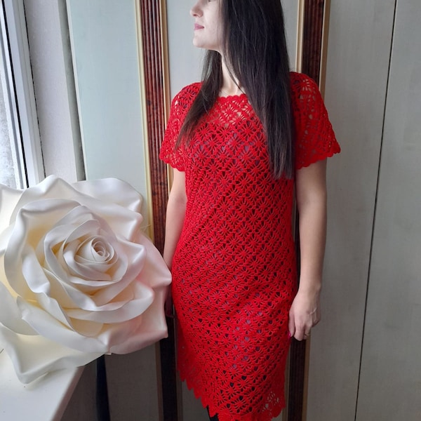 Crocheted Red Lace Dress, Hand Made Lace Cotton Dress