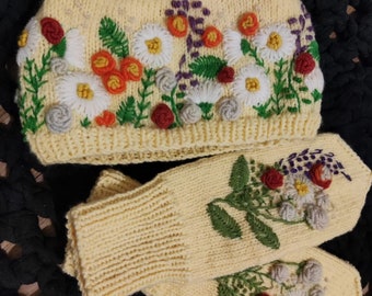 Hand Made Wool Art MittensAnd Heat With Embroidered Flowers And Pearl details, Spring Set of Mittens and Heat