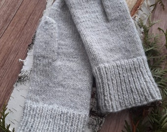 Hand Knitted Winter Mittens, Light Gray Wool and Kid Mohair Mittens