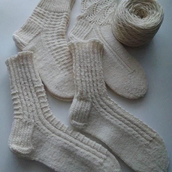 Hand Knitted 100 % Wool Socks, Hand Knitted White Socks