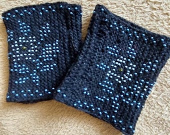 Hand Knitted Hand Warmers, Knitted Fingerless Warmers with Pearls