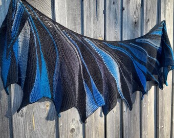 Hand knitted Rigoles scarf, Wing shape scarf in black and blue tones, Papillon Shawl, Ready to Ship