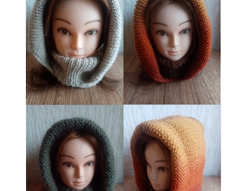 Hand  Knitted Hood - Scarf, Warm Winter Hood