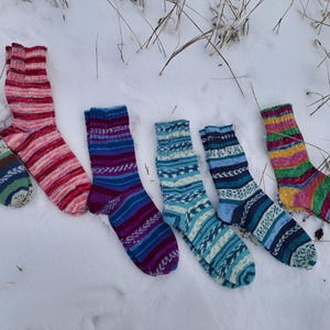 Hand Knitted Wool Socks: Colorful Patterned Yarn, Size S-M