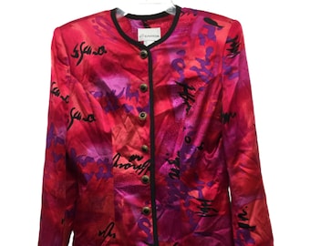 VINTAGE 90s GANTOS Women's Jacket 8 Pink Purple Silk Oriental Black Trim Blazer