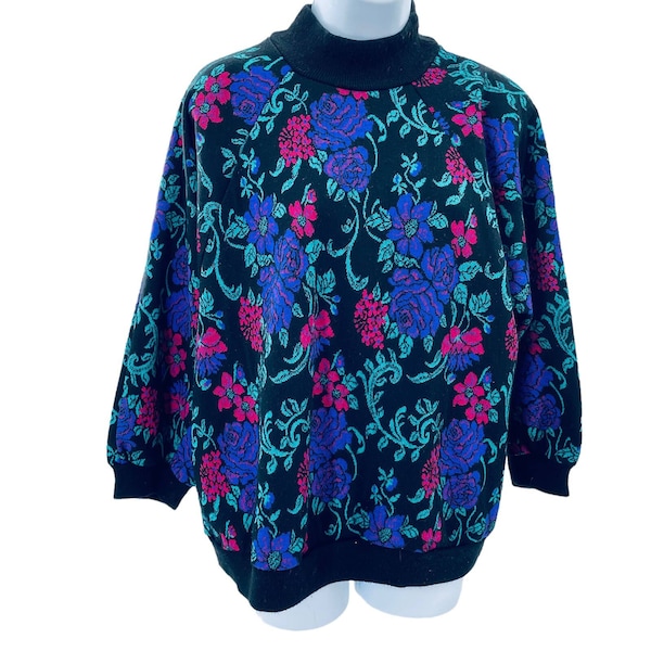 Vintage Cape Cod Sportswear Black Purple Teal Pink Neon Floral Pullover Sweater Bright Colorful Retro 80s 90s Hip Hop Streetwear L